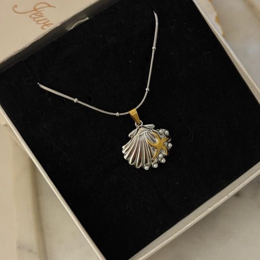 Shell Pearl Dual Tone Necklace