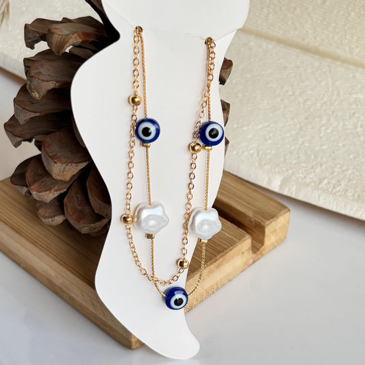 Evil Eye & Fresh Pearl Flower Layered Anklet