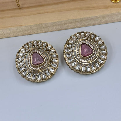 Khushi Kundan Stud Earrings (Pink )