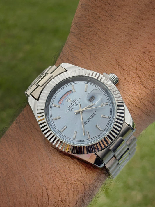 Ro-lex Silver Blue Dial Watch