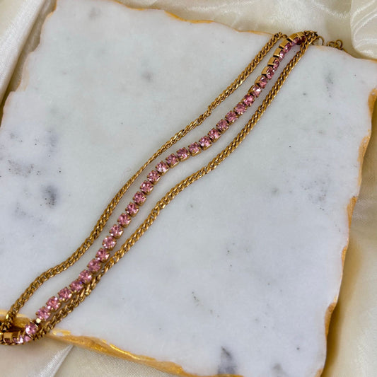 Pink Tennis 3 Layered Chain Bracelet