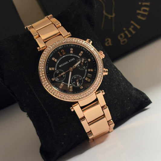 MK Embellished Chronograph Watch (Black - Rose Gold)