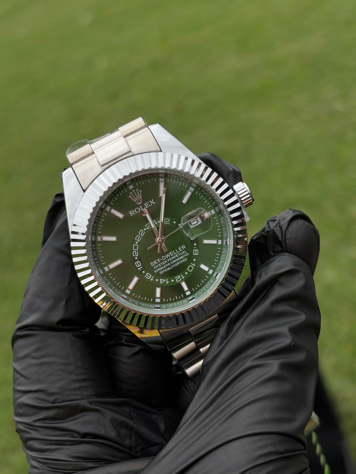 Ro-lex Silver Green Dial Watch