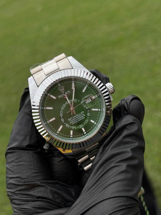 Ro-lex Silver Green Dial Watch