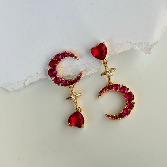 Mismatched Moon Luxe Earrings ( Ruby)