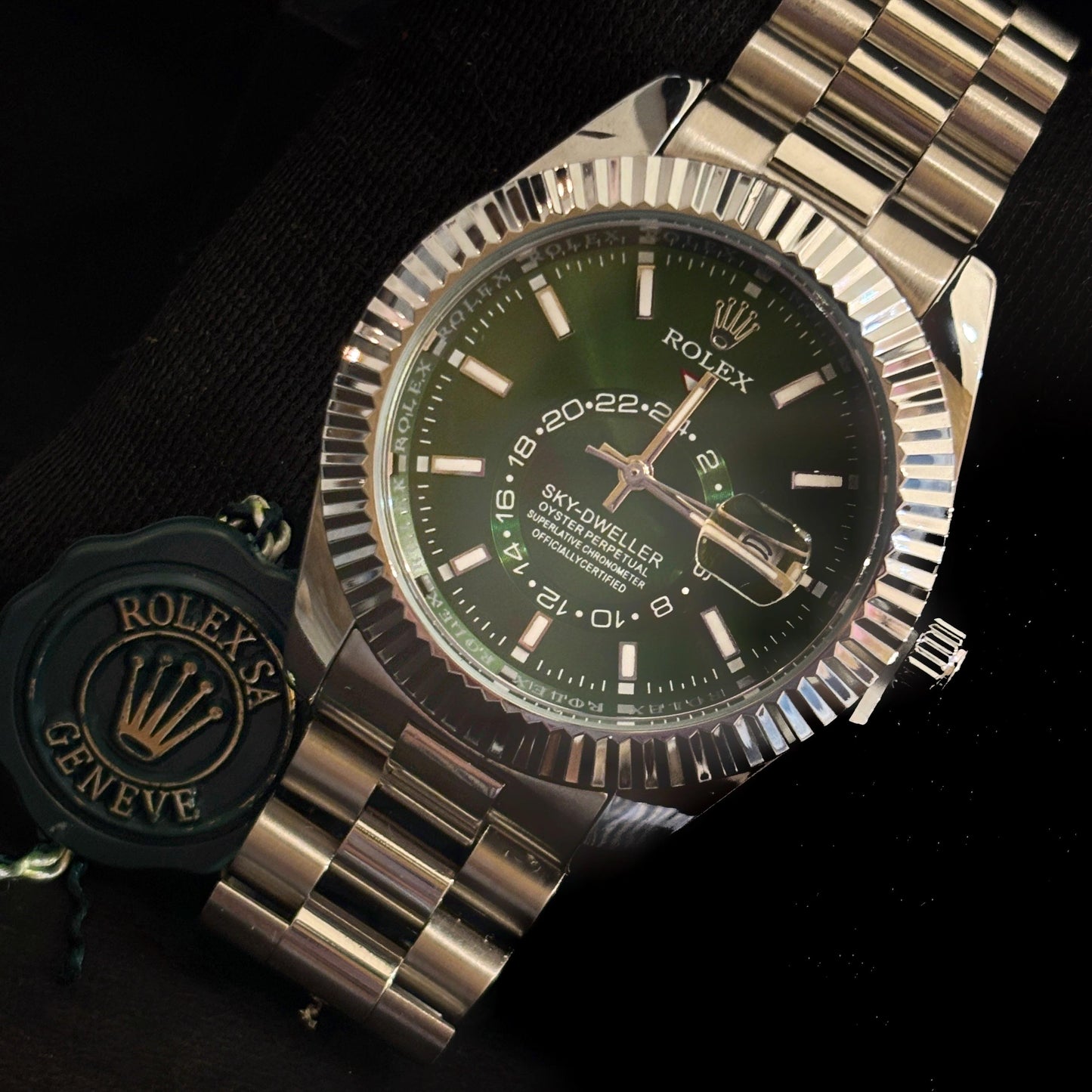 Ro-lex Silver Green Dial Watch