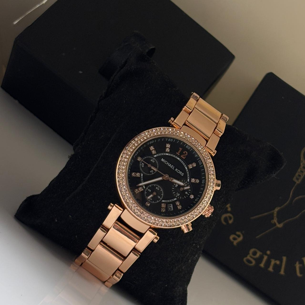 MK Embellished Chronograph Watch (Black - Rose Gold)