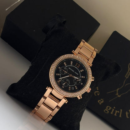 MK Embellished Chronograph Watch (Black - Rose Gold)