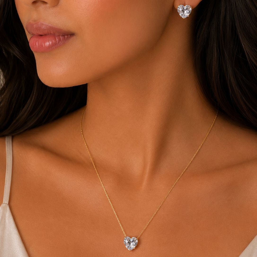 Heart Love Solitaire Jewellery Set ( White )